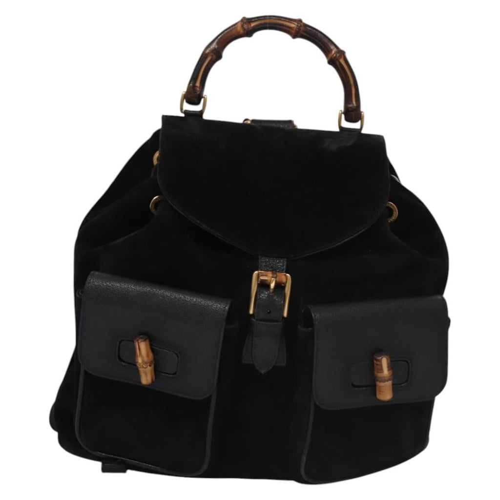 Gucci Vintage Bamboo Backpack Suede Black Suede Backpack Bag (Authentic Pre-Loved)