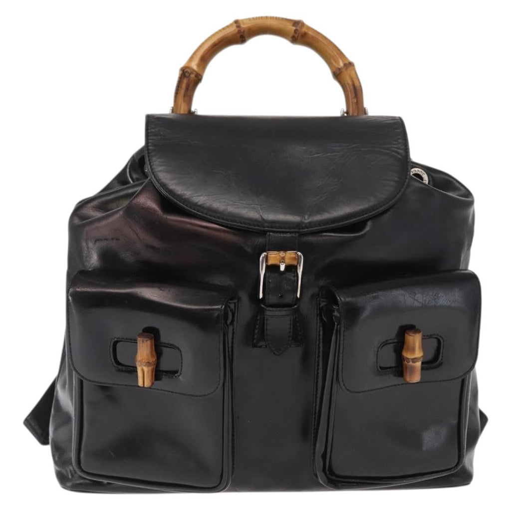Gucci Vintage Bamboo Backpack Leather Black Leather Backpack Bag (Authentic Pre-Loved)