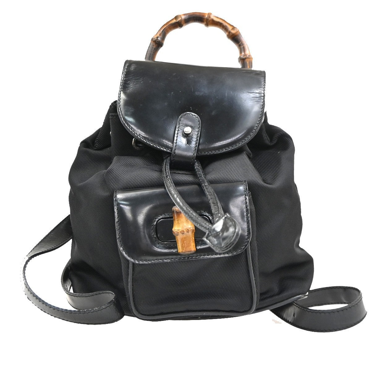 Gucci Vintage Bamboo Backpack Nylon And Patent Leather Black Nylon Backpack Bag (Authentic Pre-Loved)