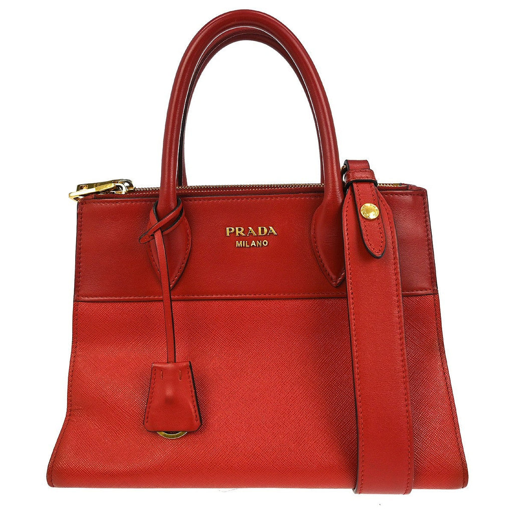 Prada Paradigme Tote Saffiano With City Calf Red Leather Handbag (Authentic Pre-Loved)