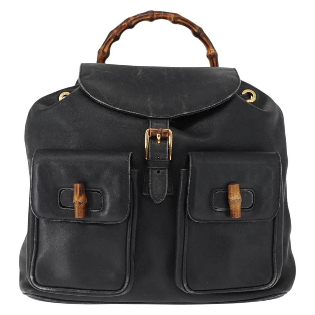 Gucci Vintage Bamboo Backpack Leather Black Leather Backpack Bag (Authentic Pre-Loved)