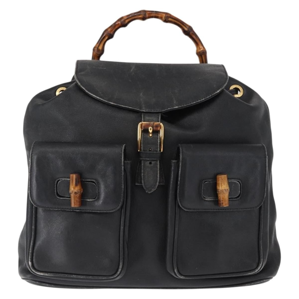 Gucci Vintage Bamboo Backpack Leather Black Leather Backpack Bag (Authentic Pre-Loved)