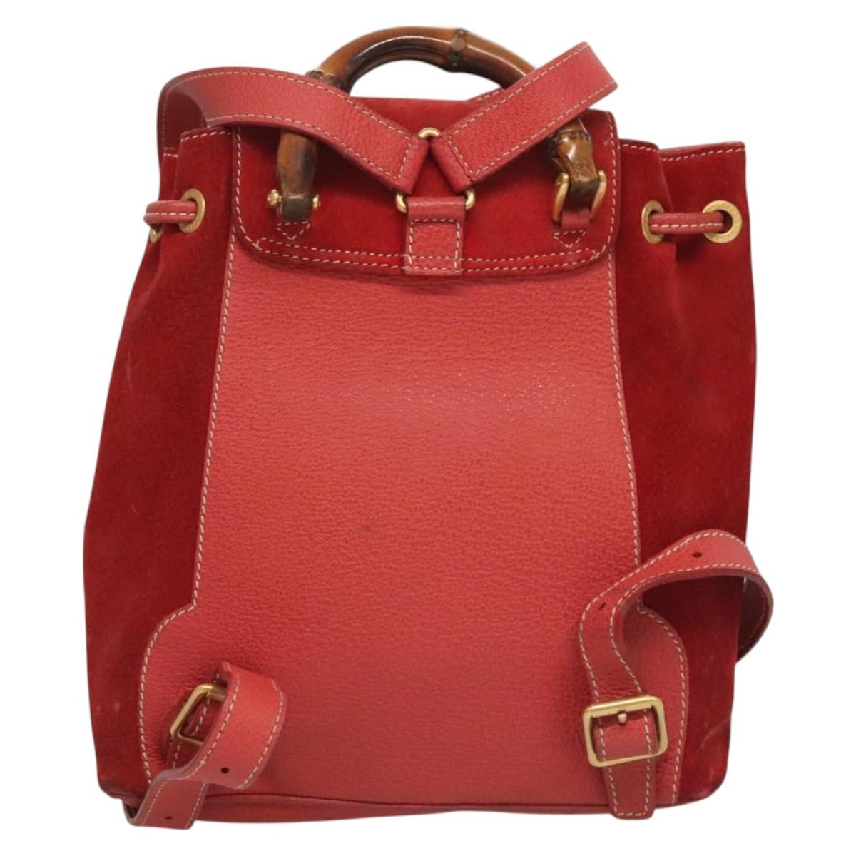 Gucci Vintage Bamboo Backpack Suede Red Suede Backpack Bag (Authentic Pre-Loved)