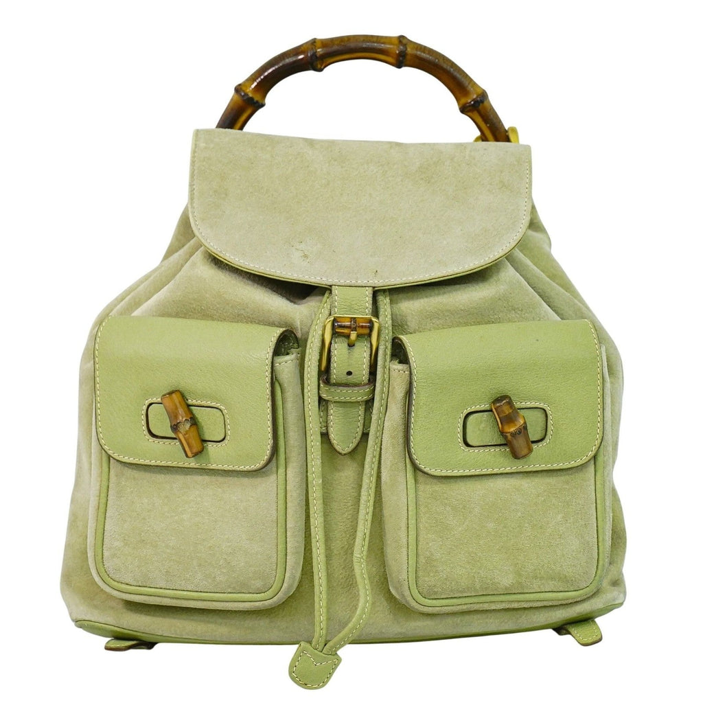Gucci Vintage Bamboo Backpack Suede Green Suede Backpack Bag (Authentic Pre-Loved)