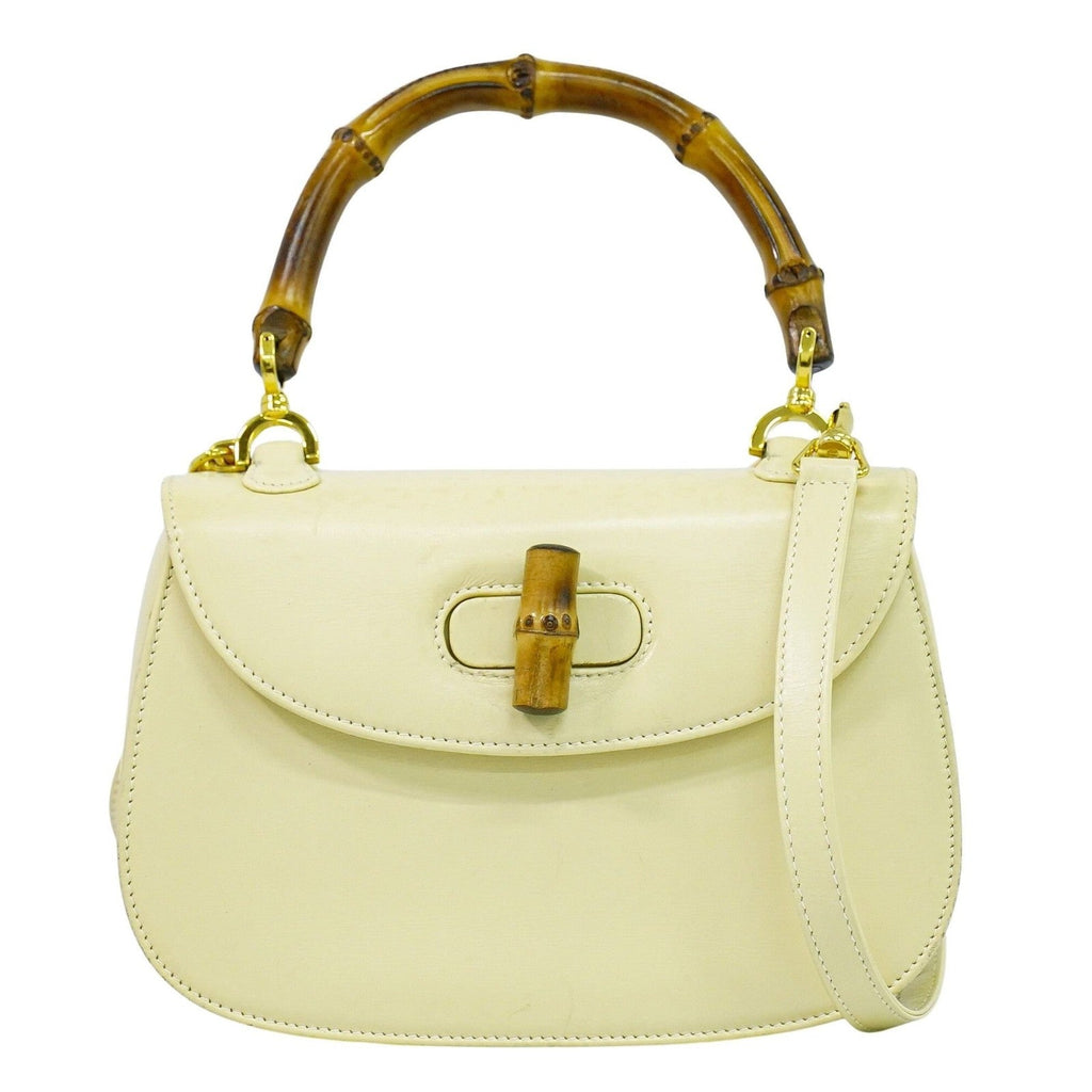 Gucci Vintage Convertible Bamboo Top Handle Bag Leather Beige Leather Handbag (Authentic Pre-Loved)