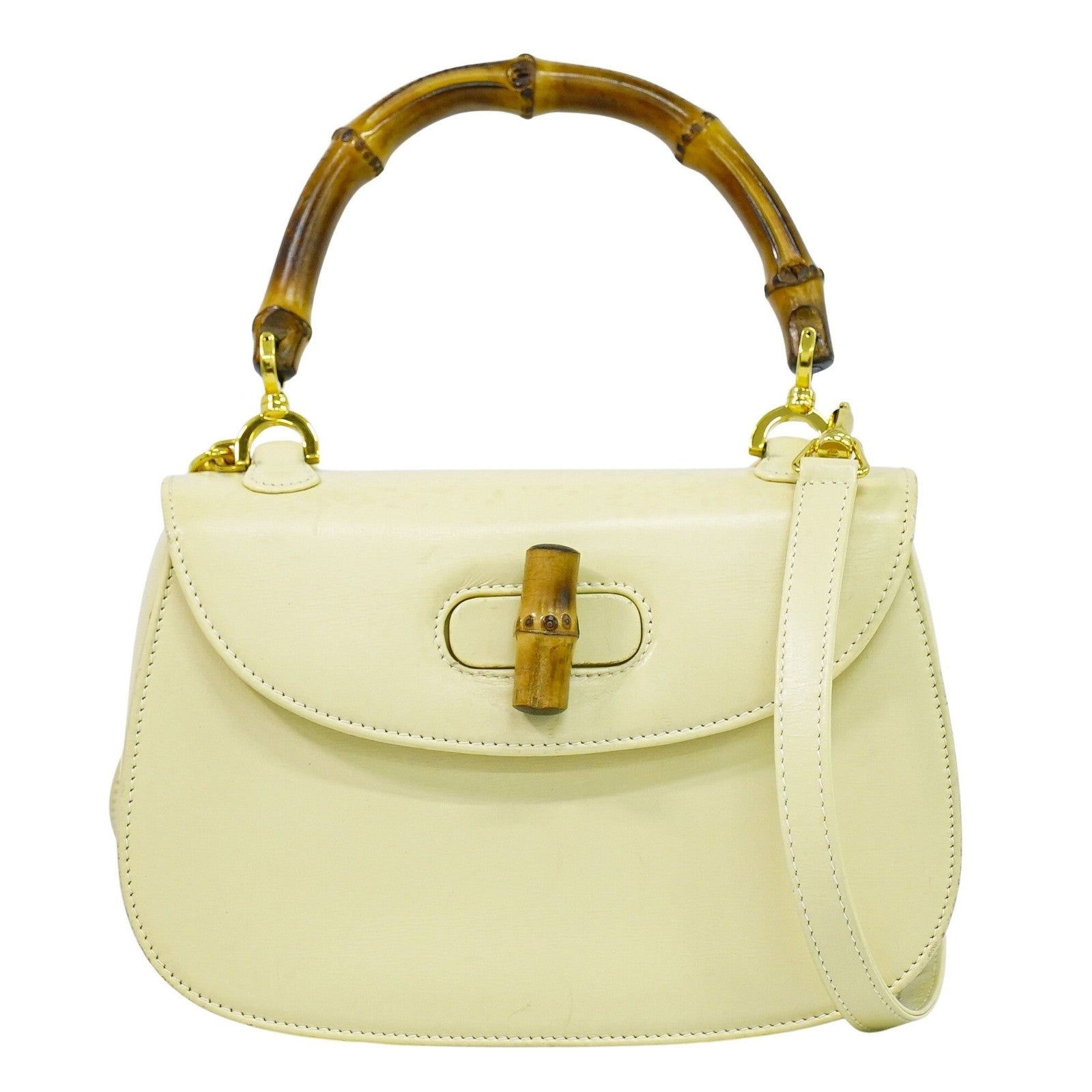 Gucci Vintage Convertible Bamboo Top Handle Bag Leather Beige Leather Handbag (Authentic Pre-Loved)