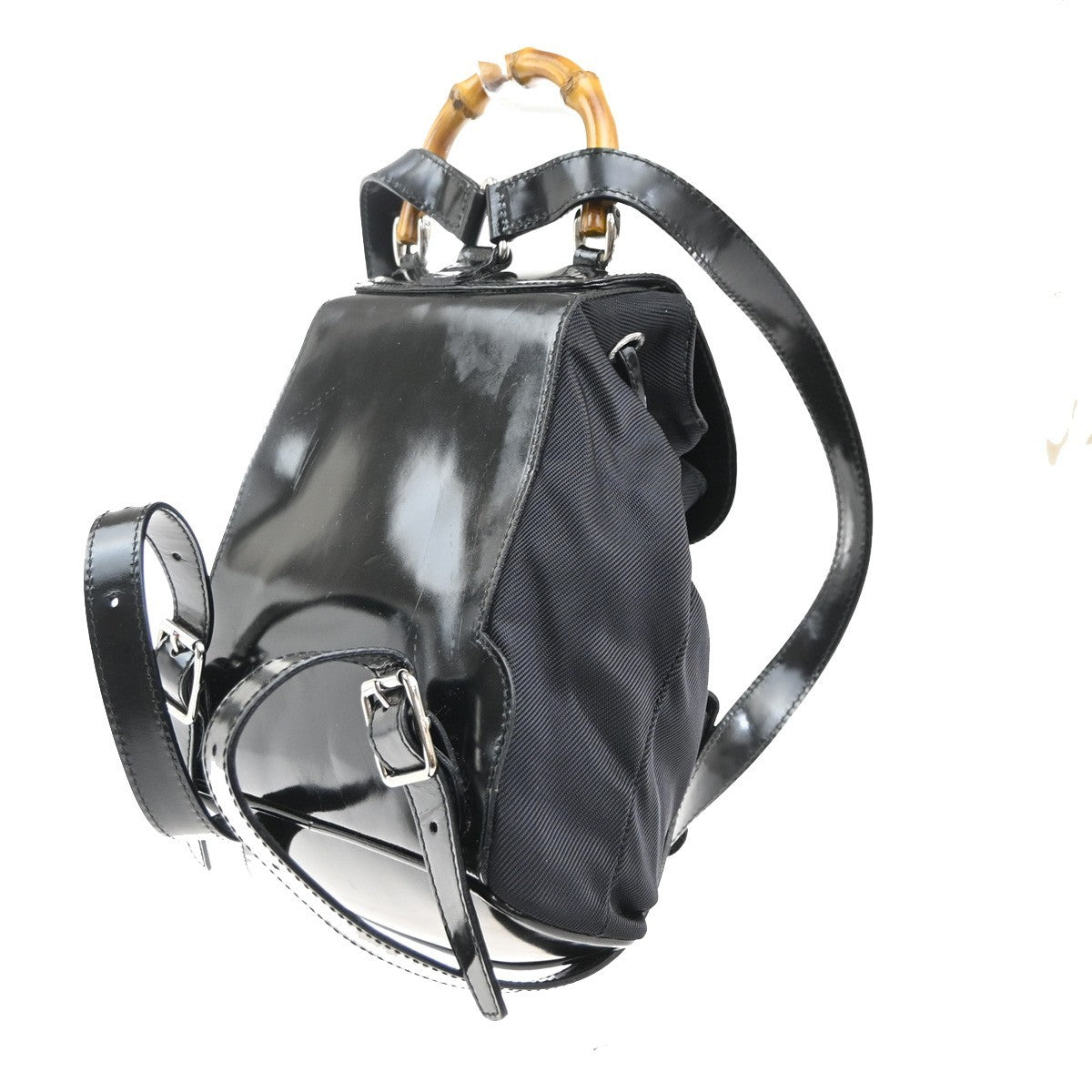 Gucci Vintage Bamboo Backpack Nylon And Patent Leather Black Nylon Backpack Bag (Authentic Pre-Loved)