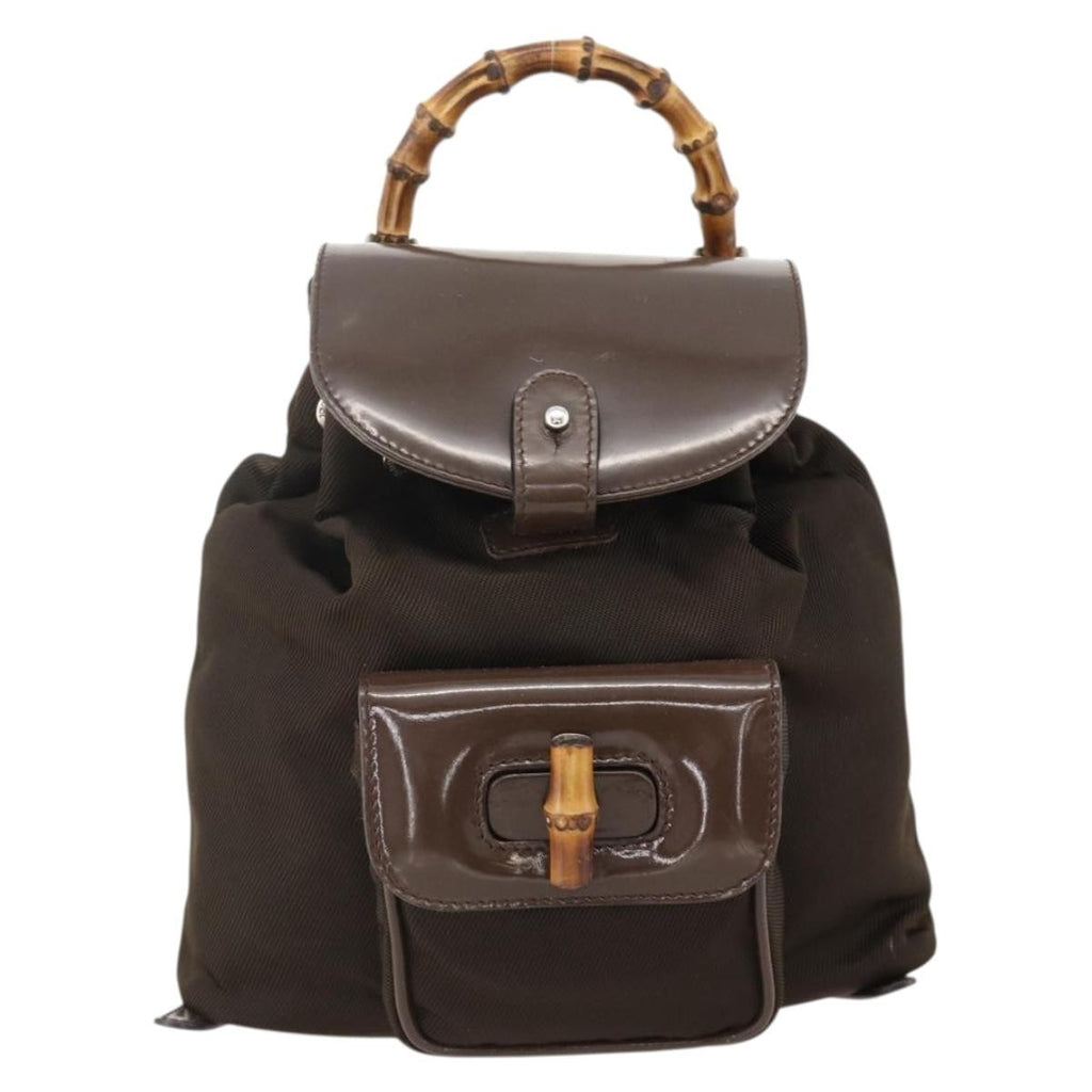 Gucci Vintage Bamboo Backpack Nylon And Patent Leather Brown Nylon Backpack Bag (Pre-Loved)