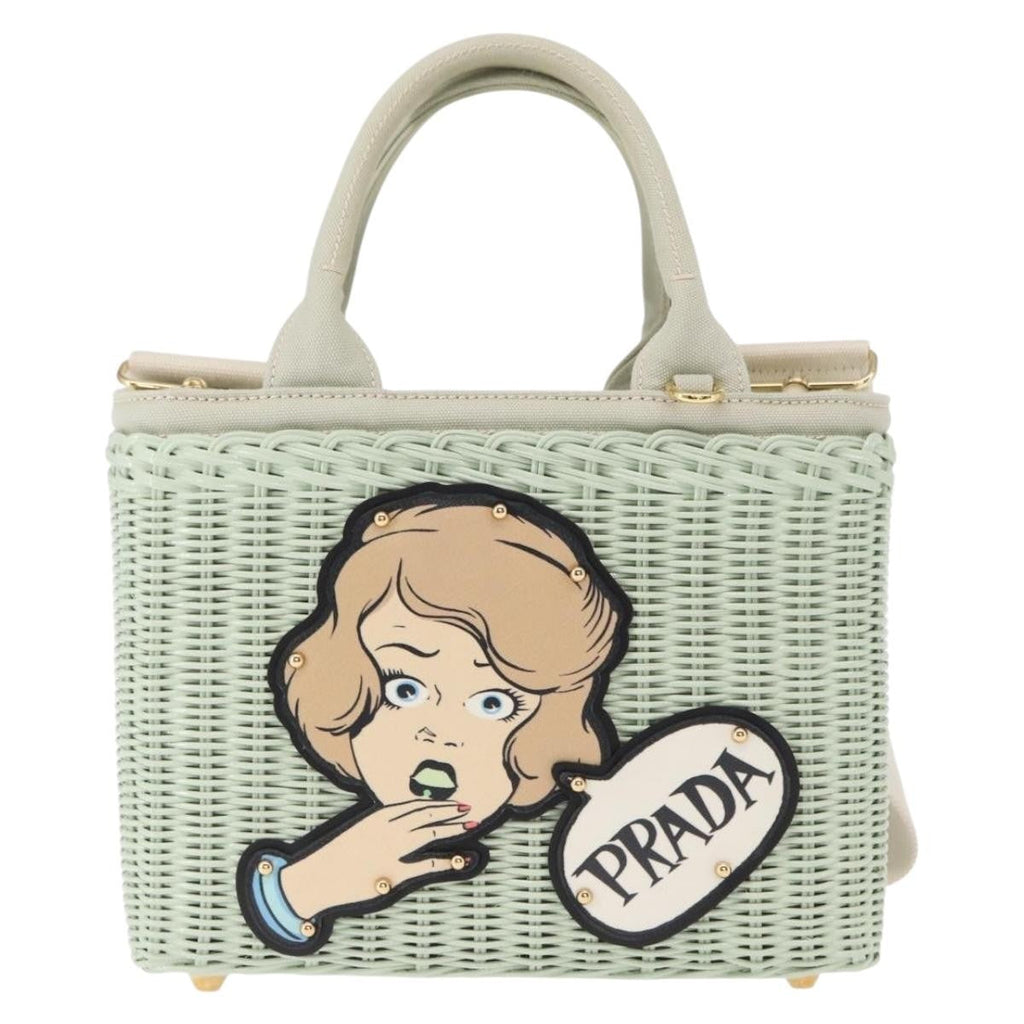 Prada Comic Basket Bag Wicker With Applique Green Wicker Handbag (Authentic Pre-Loved)
