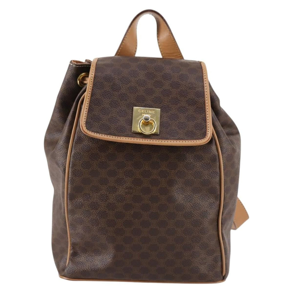 Celine Vintage Drawstring Flap Backpack Macadam Coated Canvas Brown Canvas Backpack Bag (Authentic Pre-Loved)
