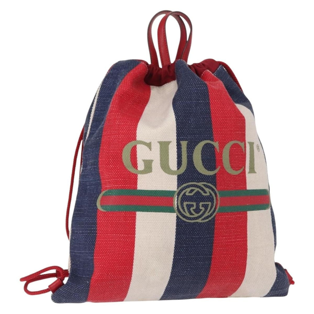Gucci Logo Drawstring Backpack Striped Canvas Blue Canvas Backpack Bag (Authentic Pre-Loved)