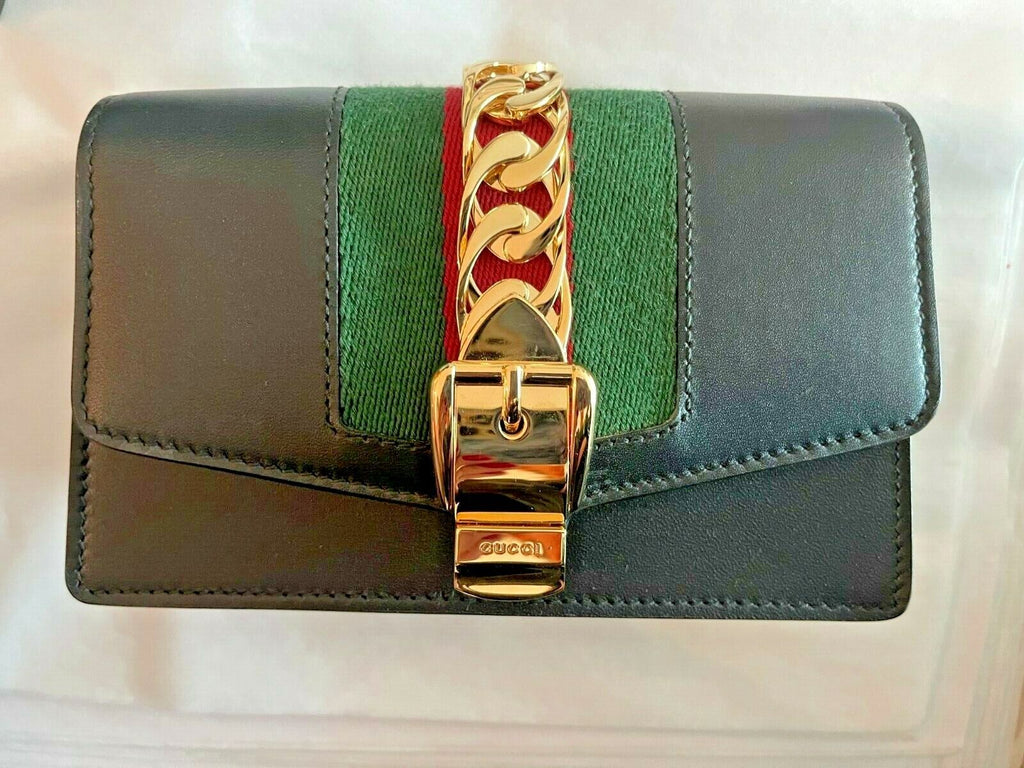 Gucci Black Leather Small Mini Gold Chain Handbag Bag Sylvie Super Web Italy NEW