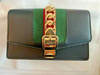 Gucci Black Leather Small Mini Gold Chain Handbag Bag Sylvie Super Web Italy NEW