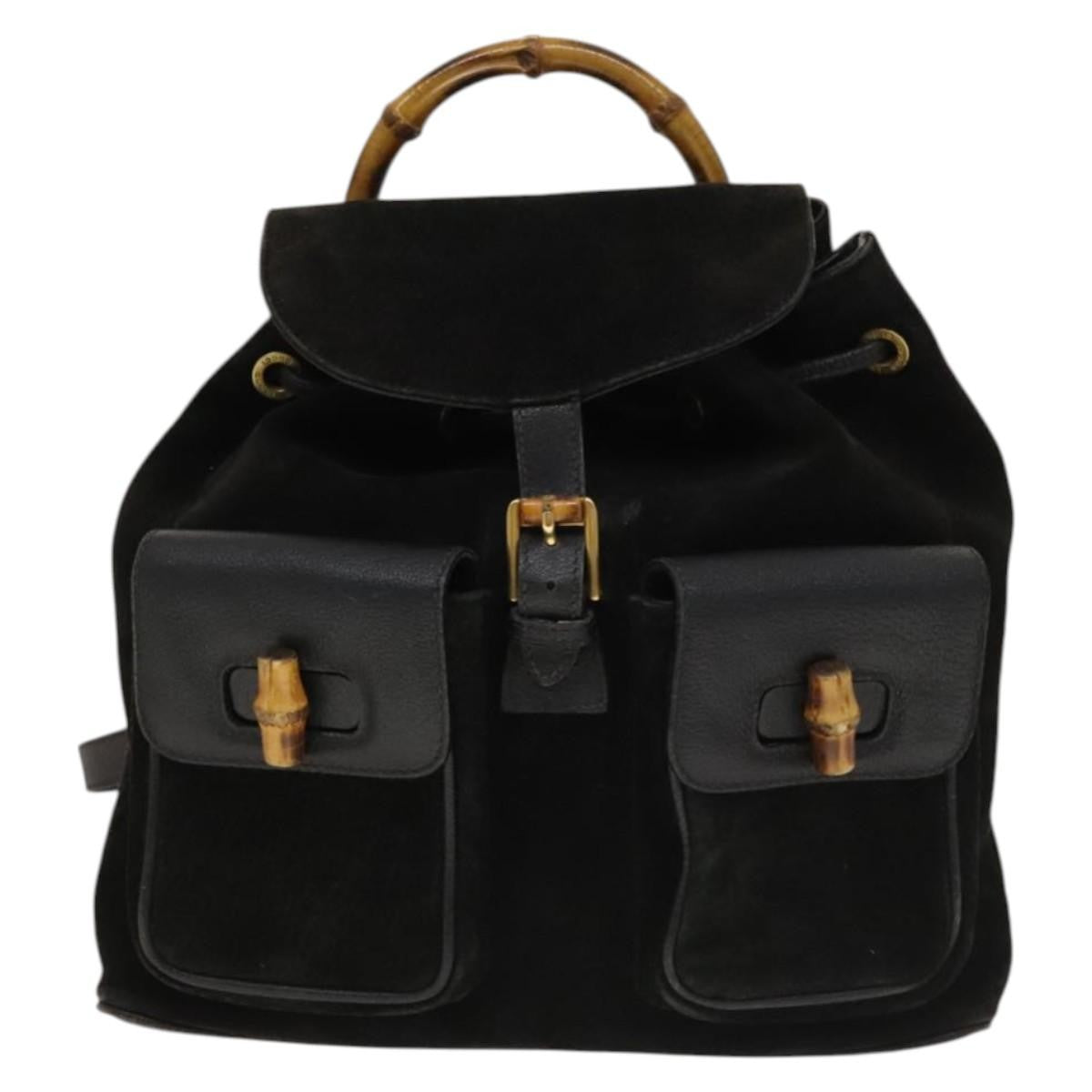 Gucci Vintage Bamboo Backpack Suede And Leather Black Suede Backpack Bag (Authentic Pre-Loved)