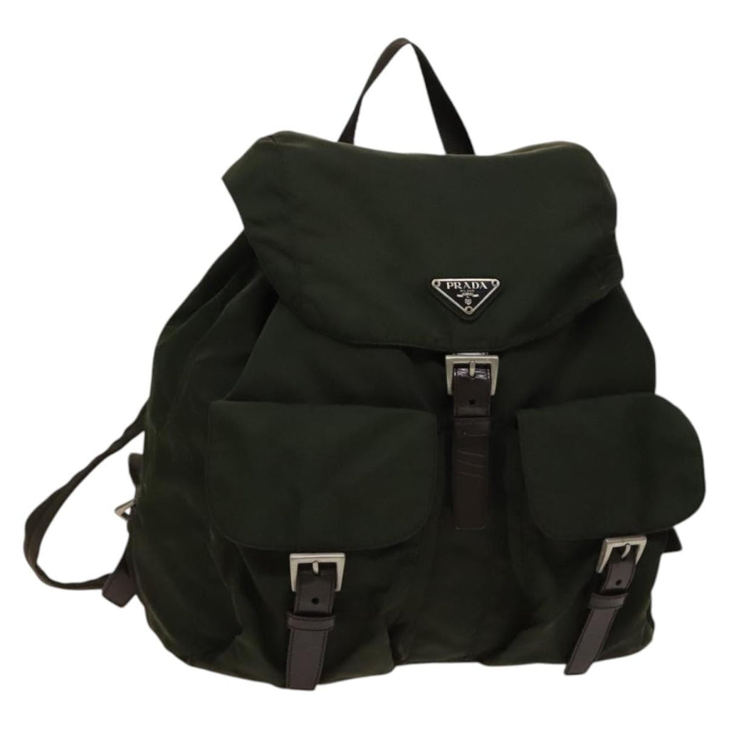 Prada Vela Double Front Pocket Backpack Tessuto With Saffiano Leather Khaki Nylon Backpack Bag (Authentic Pre-Loved)