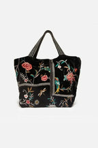 Johnny Was Uriah Velvet Handbag Grey Pewter Embroidery Flower Tote Bag Large NEW