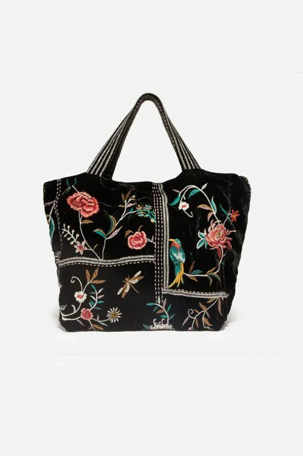 Johnny Was Uriah Velvet Handbag Grey Pewter Embroidery Flower Tote Bag Large NEW