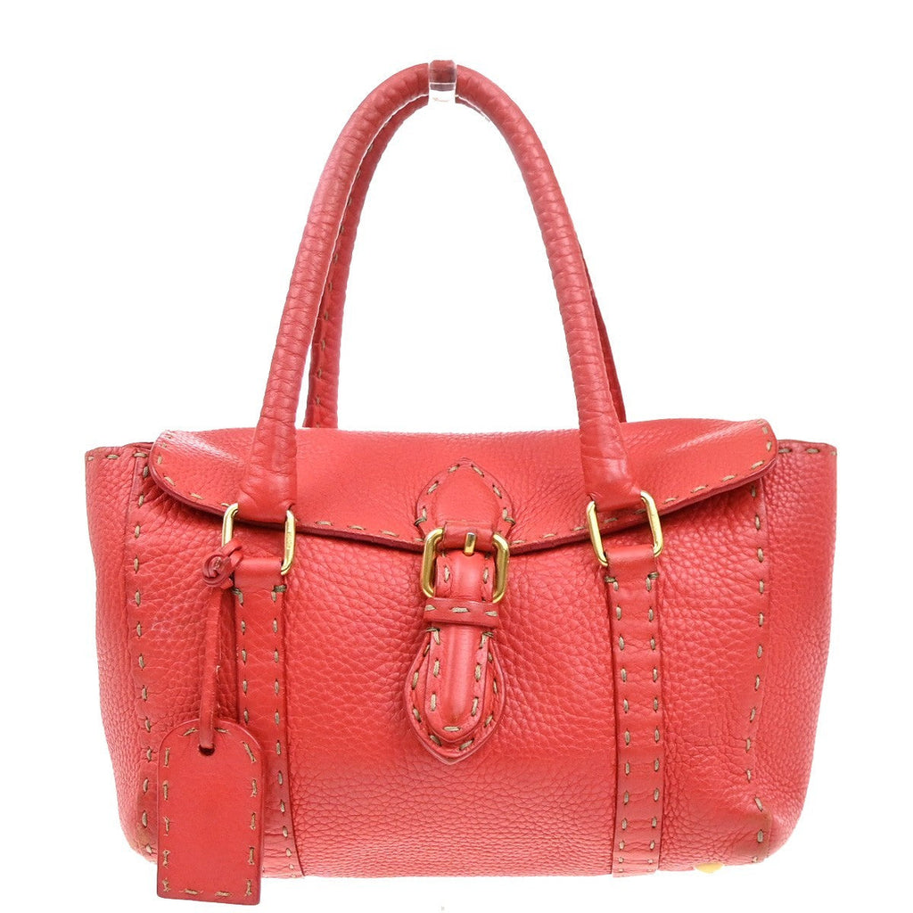 Fendi Selleria Linda Satchel Pebbled Leather Red Leather Handbag (Authentic Pre-Loved)