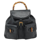 Gucci Vintage Bamboo Backpack Leather Black Leather Backpack Bag (Authentic Pre-Loved)