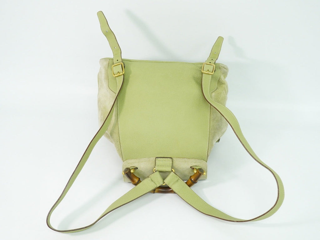 Gucci Vintage Bamboo Backpack Suede Green Suede Backpack Bag (Authentic Pre-Loved)