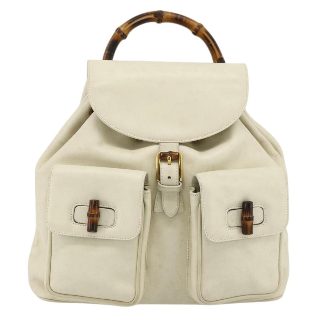 Gucci Vintage Bamboo Backpack Leather White Leather Backpack Bag (Authentic Pre-Loved)