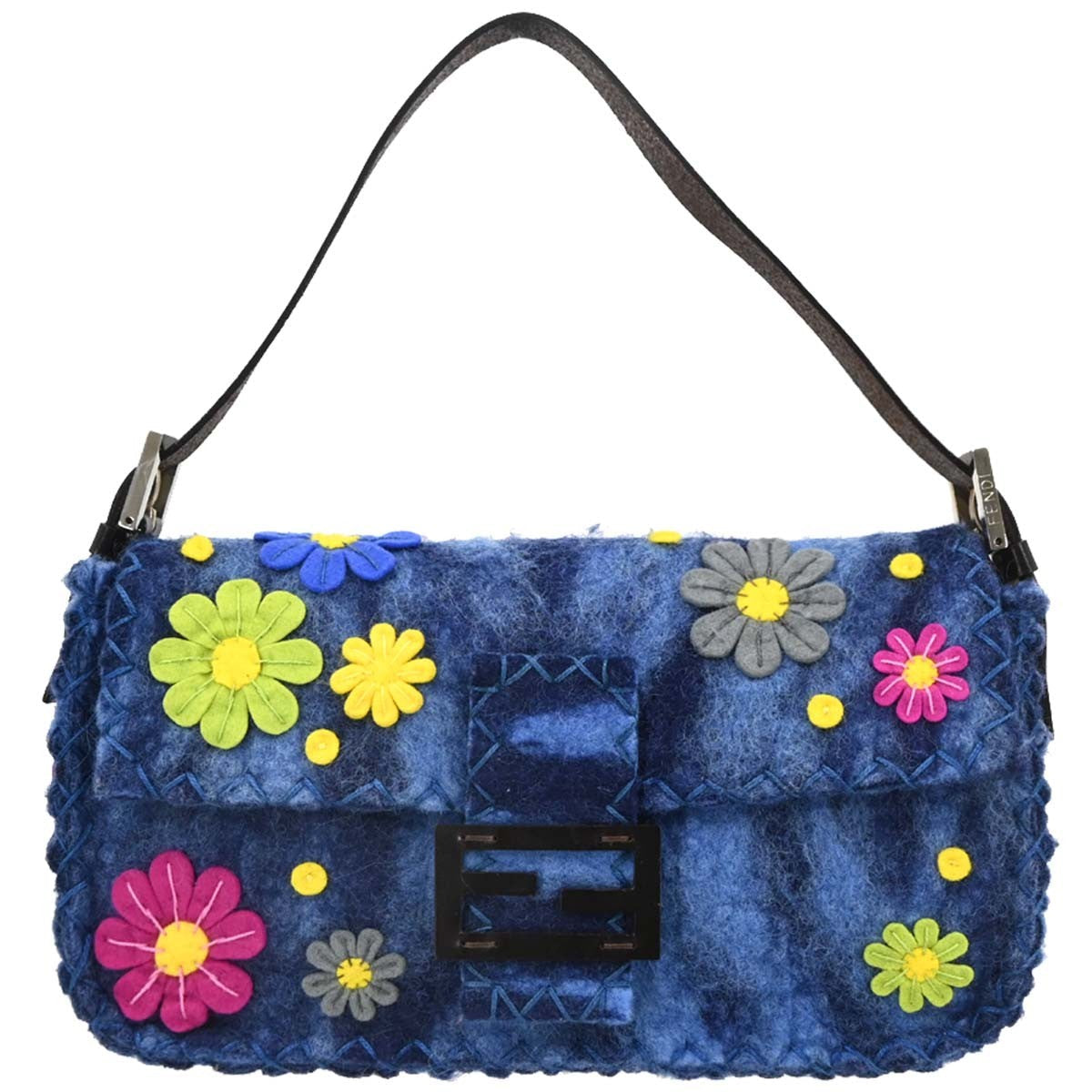 Fendi Baguette Bag Patent Blue Felt,Leather Handbag (Authentic Pre-Loved)