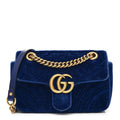 Gucci Velvet Matelasse Small GG Marmont Shoulder Bag Cobalt Blue Gold Handbag NEW