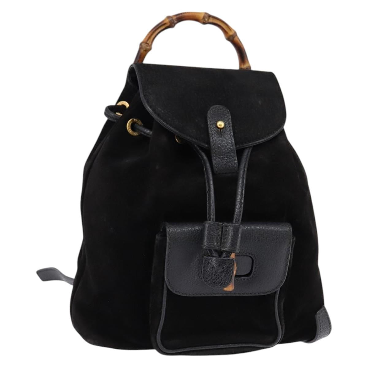 Gucci Vintage Bamboo Backpack Suede Black Suede Backpack Bag (Authentic Pre-Loved)