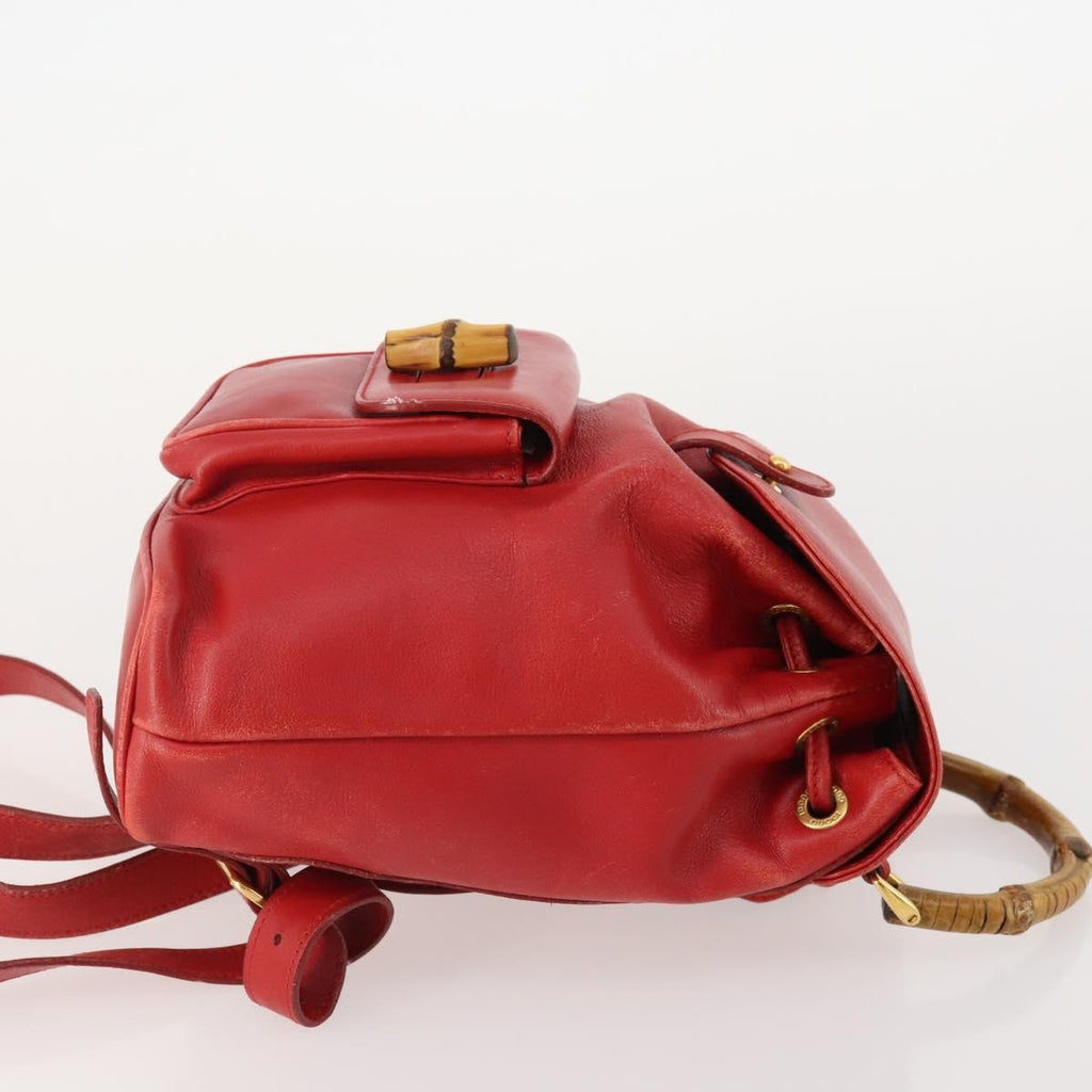 Gucci Vintage Bamboo Backpack Leather Red Leather Backpack Bag (Authentic Pre-Loved)