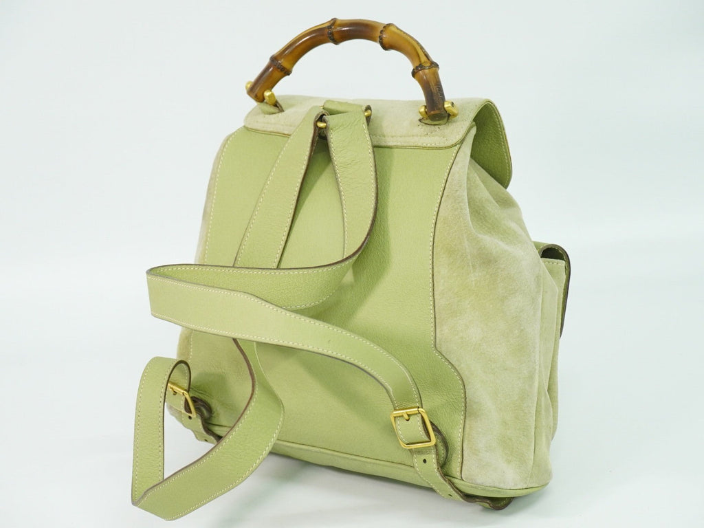 Gucci Vintage Bamboo Backpack Suede Green Suede Backpack Bag (Authentic Pre-Loved)