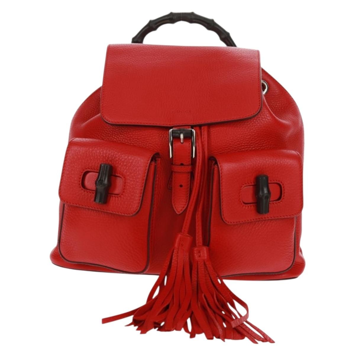 Gucci Bamboo Tassel Backpack Leather Red Leather Backpack Bag (Authentic Pre-Loved)