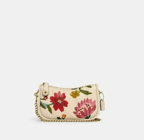 Coach Leather Swinger Bag 20 Quilting Small Handbag Floral Zip Beige Purse NEW